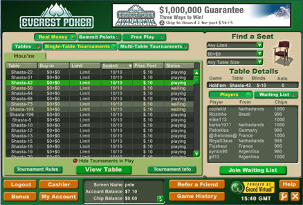 Everest Poker Free Sit & Go Tournaments